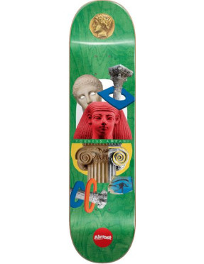 "Planche de skateboard 'Almost Relic R7 Youness Amrani Green' sur un fond vert avec des motifs de têtes de sphinx en rouge."