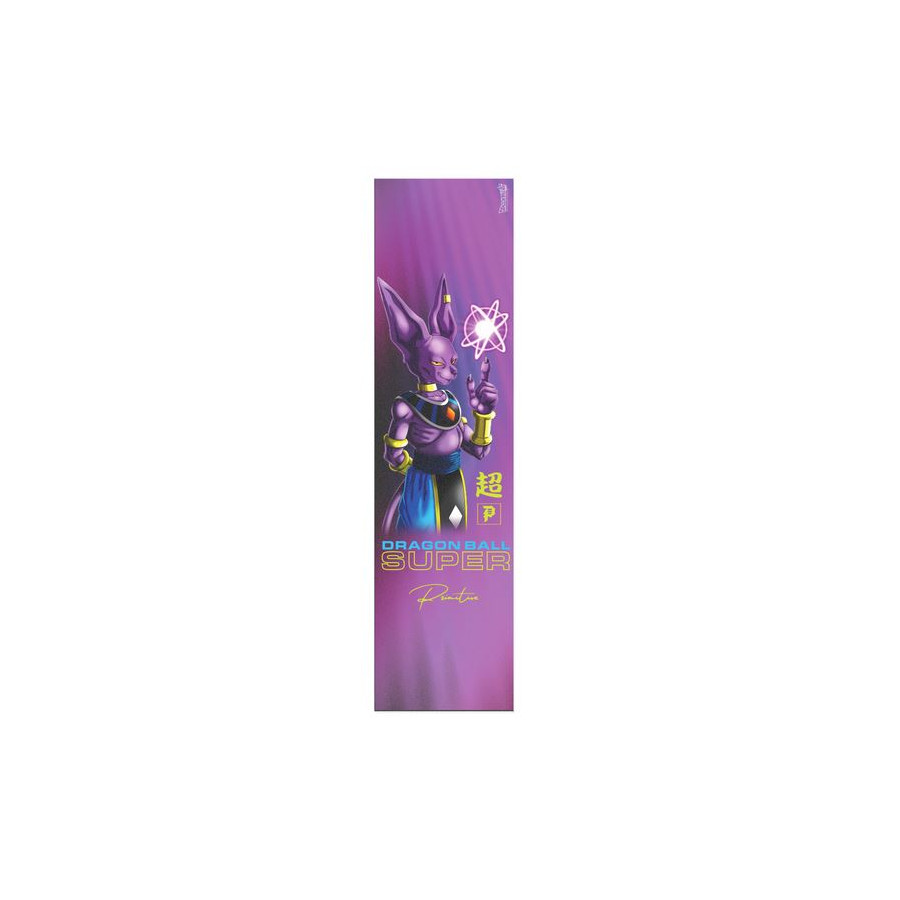 Grip pour skateboard de la marque primitive , avec un fond violet et l image de Beerus du manga dragon ball