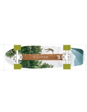 skateboard complet de la marque miller en paysage une foret et en l'air un skateur